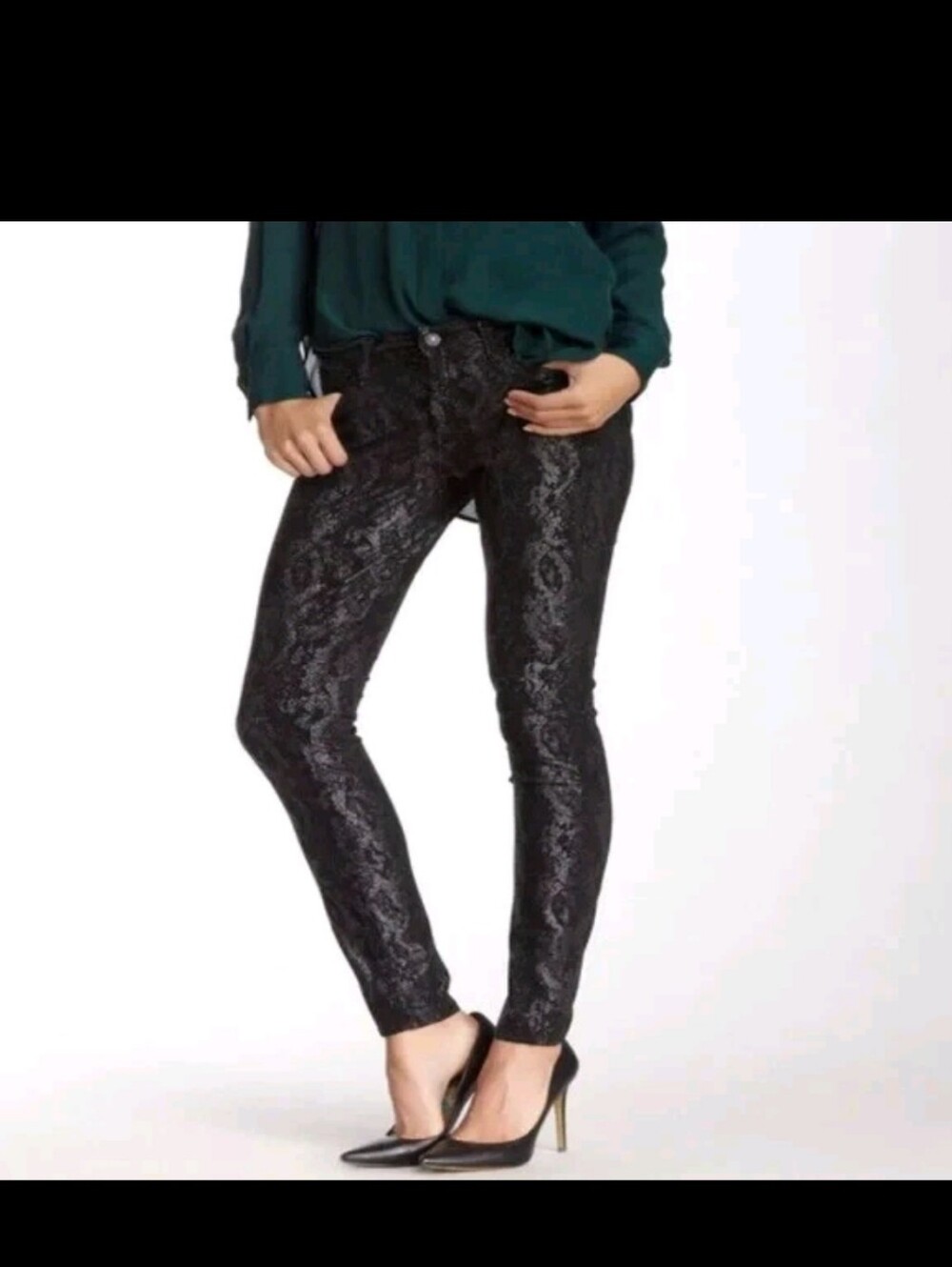 ​7 For All Mankind Black Snake-Print,textured Skinny Jeans